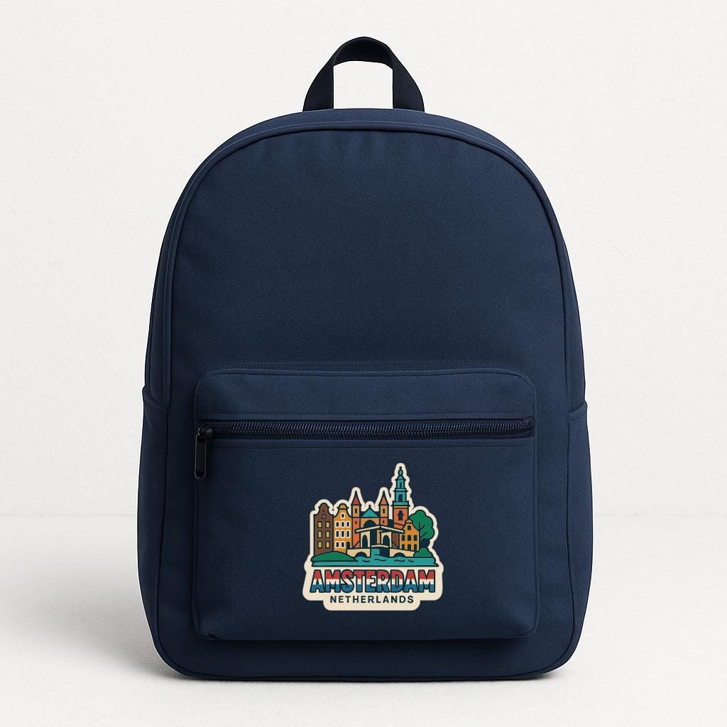 A navy blue backpack with a graphic of Amsterdam, Netherlands, printed on it.