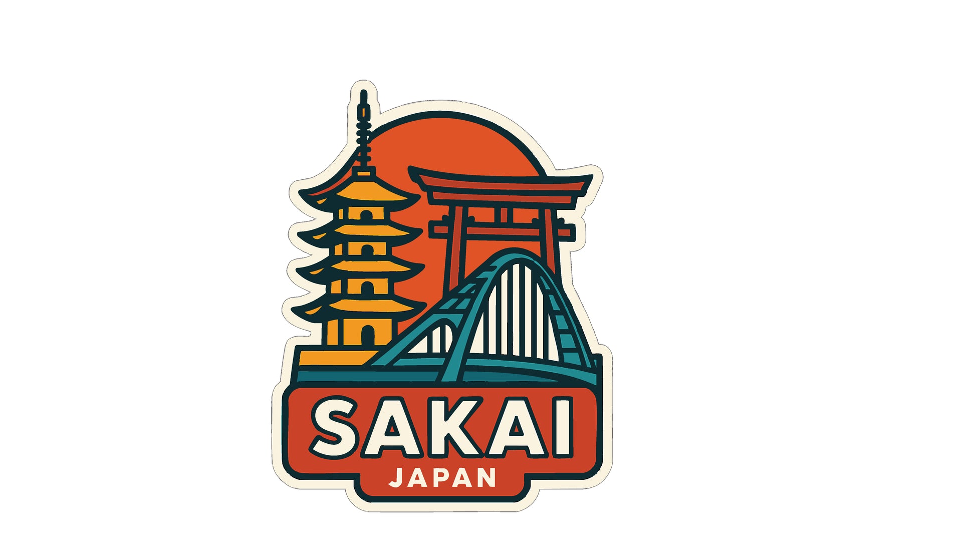 A sticker depicting the iconic architecture of Japan, including a pagoda, torii gate, and a bridge, with the text "SAKAI JAPAN" prominently displayed.