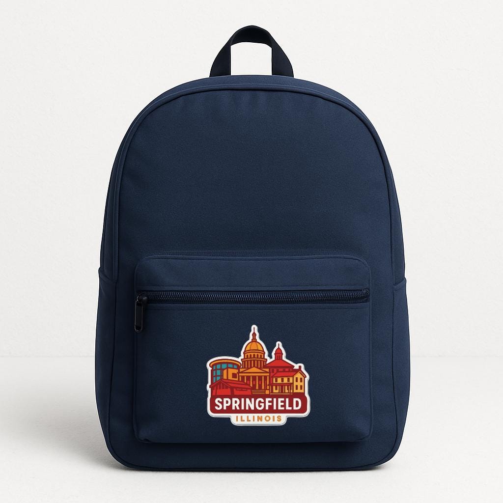 A navy blue backpack with a graphic of a city skyline and the text "Springfield Illinois" printed on it.