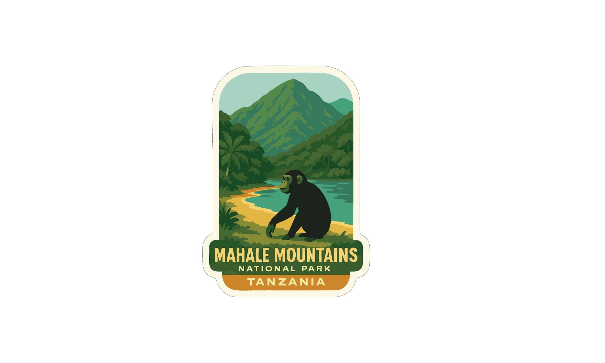 a sticker or label with a mountain landscape and a monkey, representing the Mahale Mountains National Park in Tanzania.