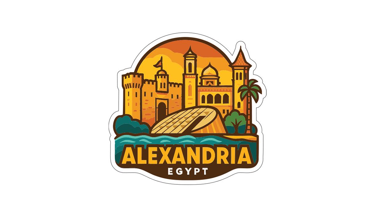 a stylized illustration of the city of Alexandria, Egypt, with a castle, palm trees, and a sunset in the background.