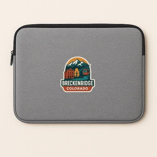 A gray laptop sleeve with a logo for Breckenridge, Colorado.