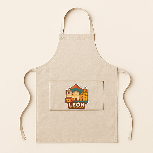 A beige apricot with a graphic of a city skyline and the word "LEON" printed on it.