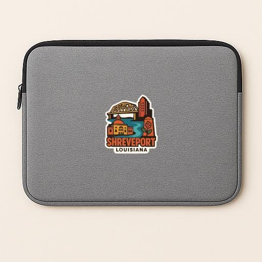 a gray laptop sleeve with a colorful sticker depicting the Shreveport, Louisiana area.
