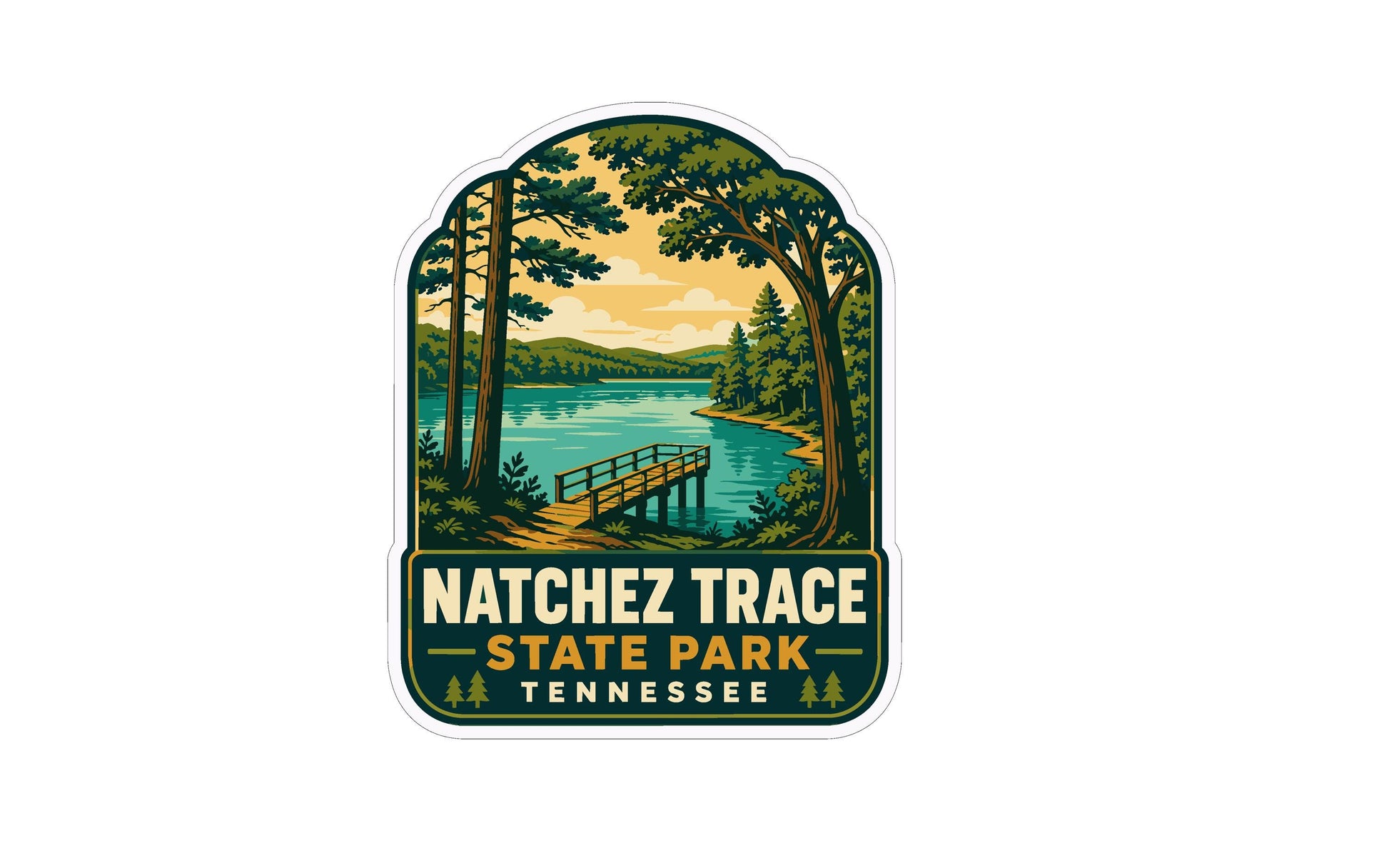 A sticker or emblem featuring a scenic landscape with a lake, a bridge, and trees, with the text "NATCHEZ TRACE STATE PARK TENNESSEE" prominently displayed.