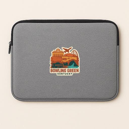 A gray laptop sleeve with a graphic design featuring a cityscape and the text "BOWLING GREEN KENTUCKY".