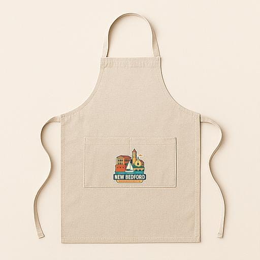 A beige apricot with a small logo on the front pocket, featuring a cityscape design.