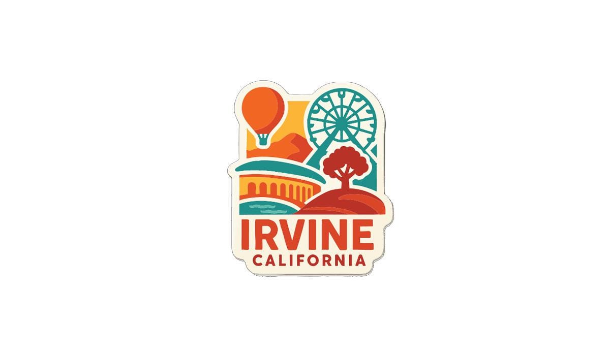 a colorful sticker or emblem with various icons and symbols representing Irvine, California.