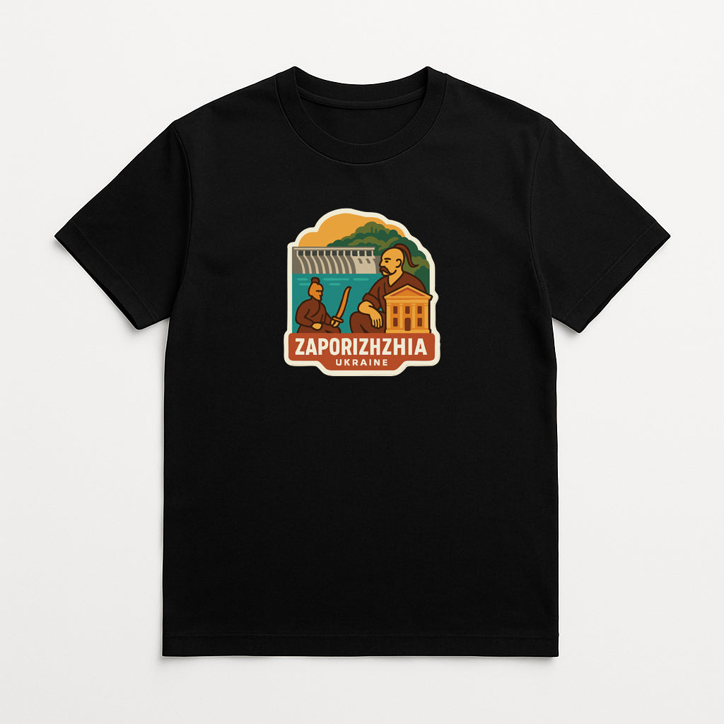 A black t-shirt with a graphic design depicting a person holding a flag, surrounded by a scenic landscape with a river and buildings.