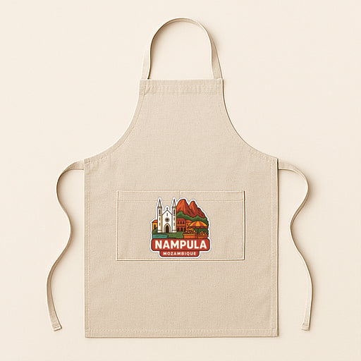 A beige apricot with a graphic design of a city skyline and the text "NAMPULA" printed on it.