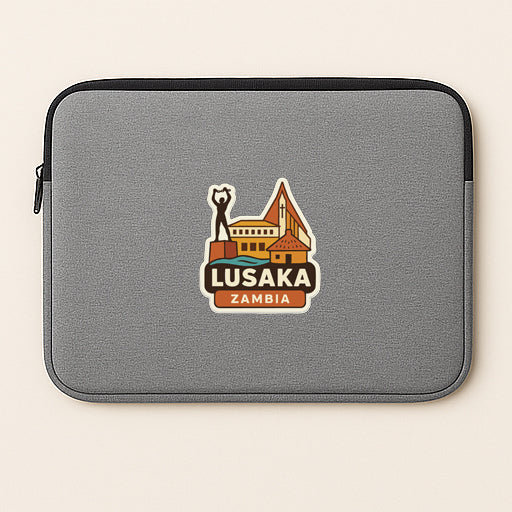 A gray laptop sleeve with a sticker depicting the city of Lusaka, Zambia.