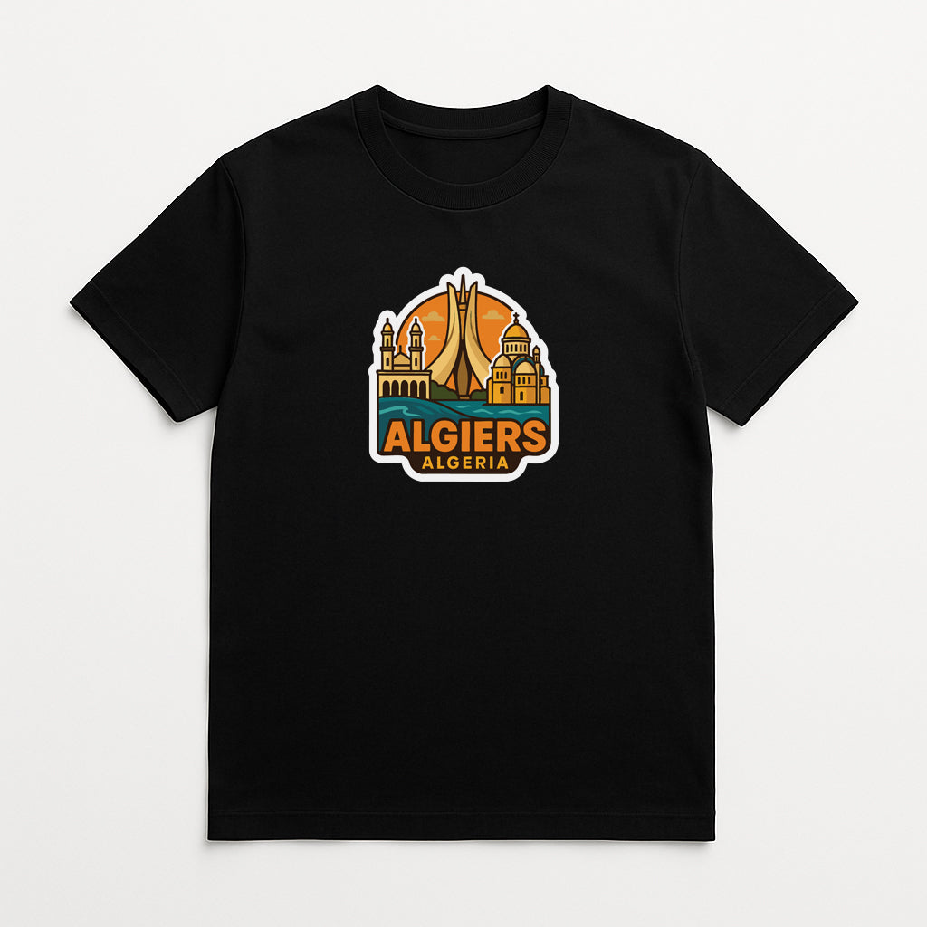 A black t-shirt with a graphic design depicting the skyline of Algeria.