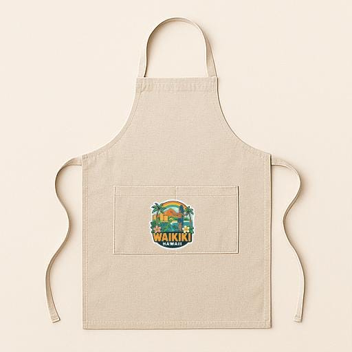 A beige apricot with a graphic of a tropical island and the word "WAIKI" printed on it.