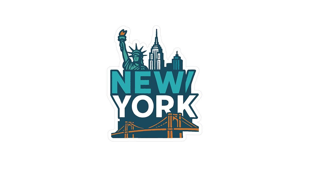 a new york sticker with the statue of liberty in the background