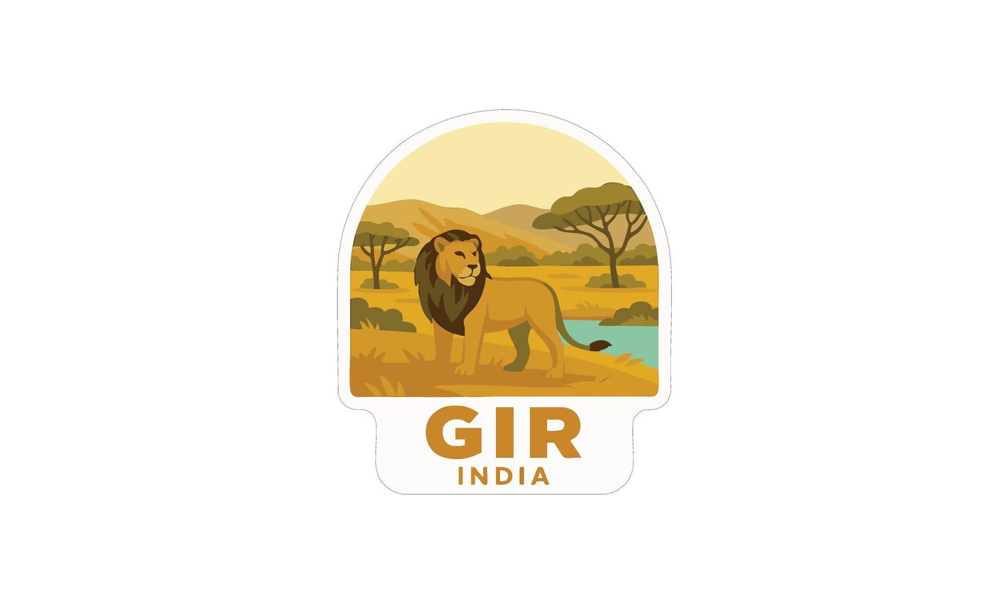 A stylized illustration of a lion in a natural landscape, with the text "GIR INDIA" below it.