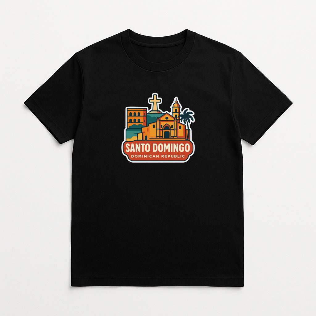 A black t-shirt with a graphic design depicting the city of Santo Domingo, the Dominican Republic.