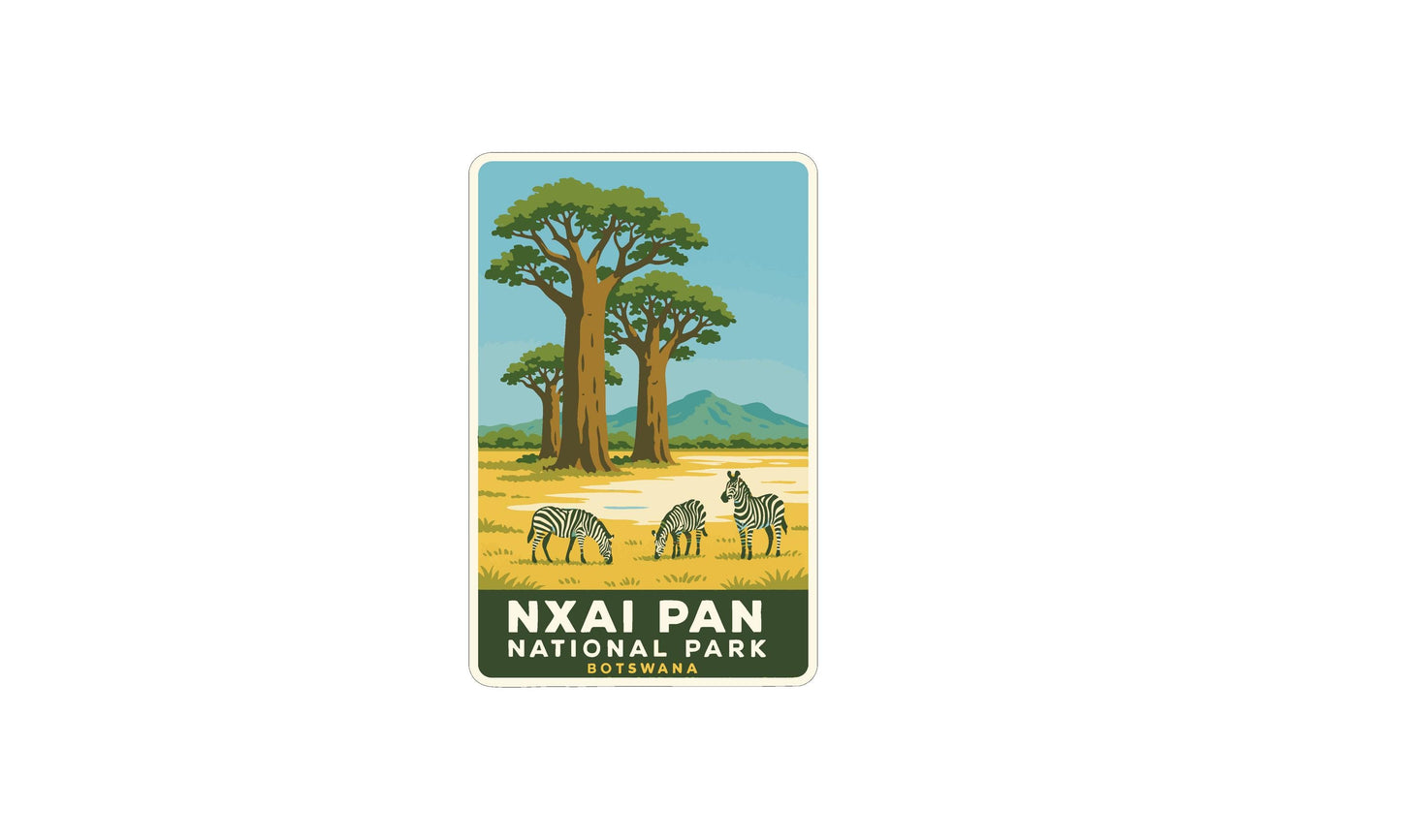 The image is a sticker depicting a serene landscape with a group of zebras grazing in the foreground, surrounded by lush green trees and a clear blue sky.