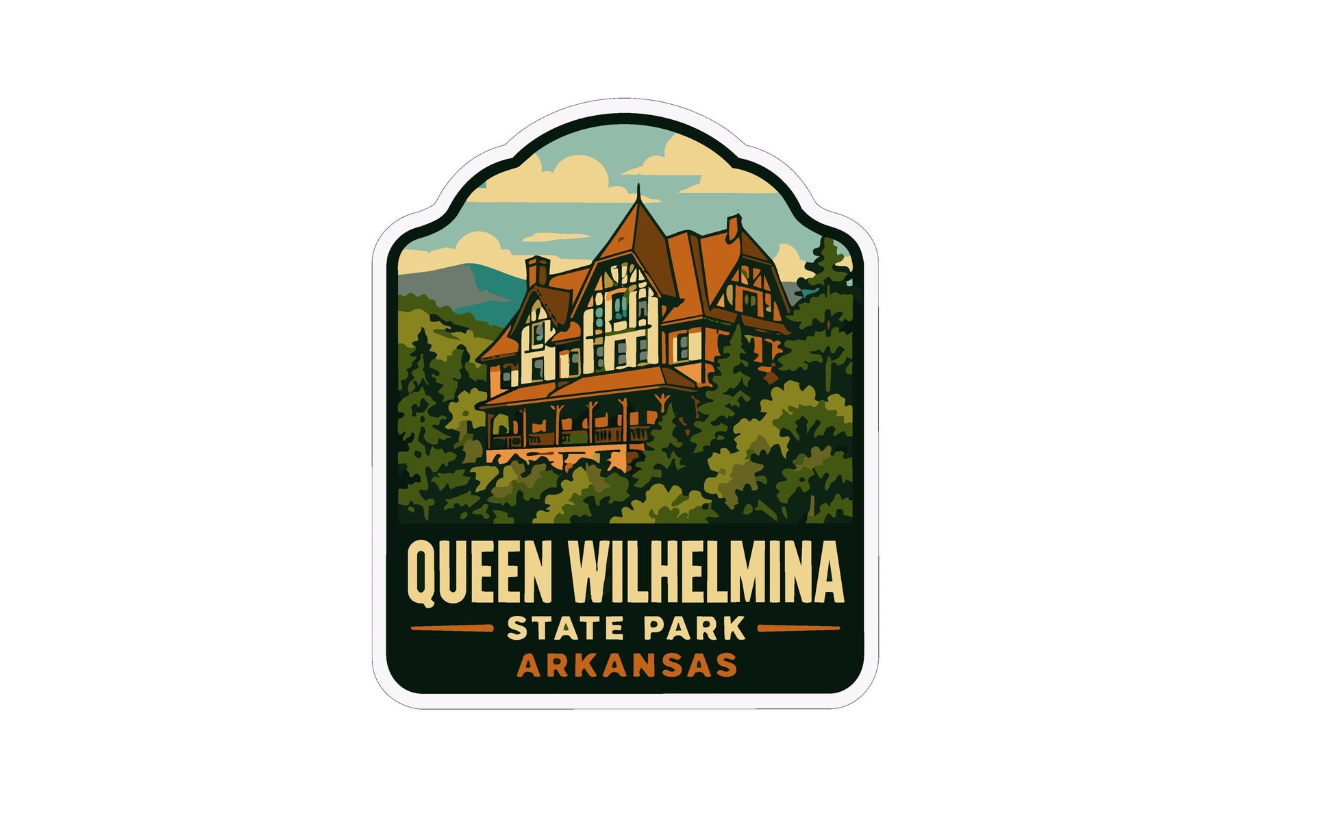 A sticker depicting a large, ornate house surrounded by trees and mountains, with the text "Queen Wilhelmina State Park Arkansas" prominently displayed.