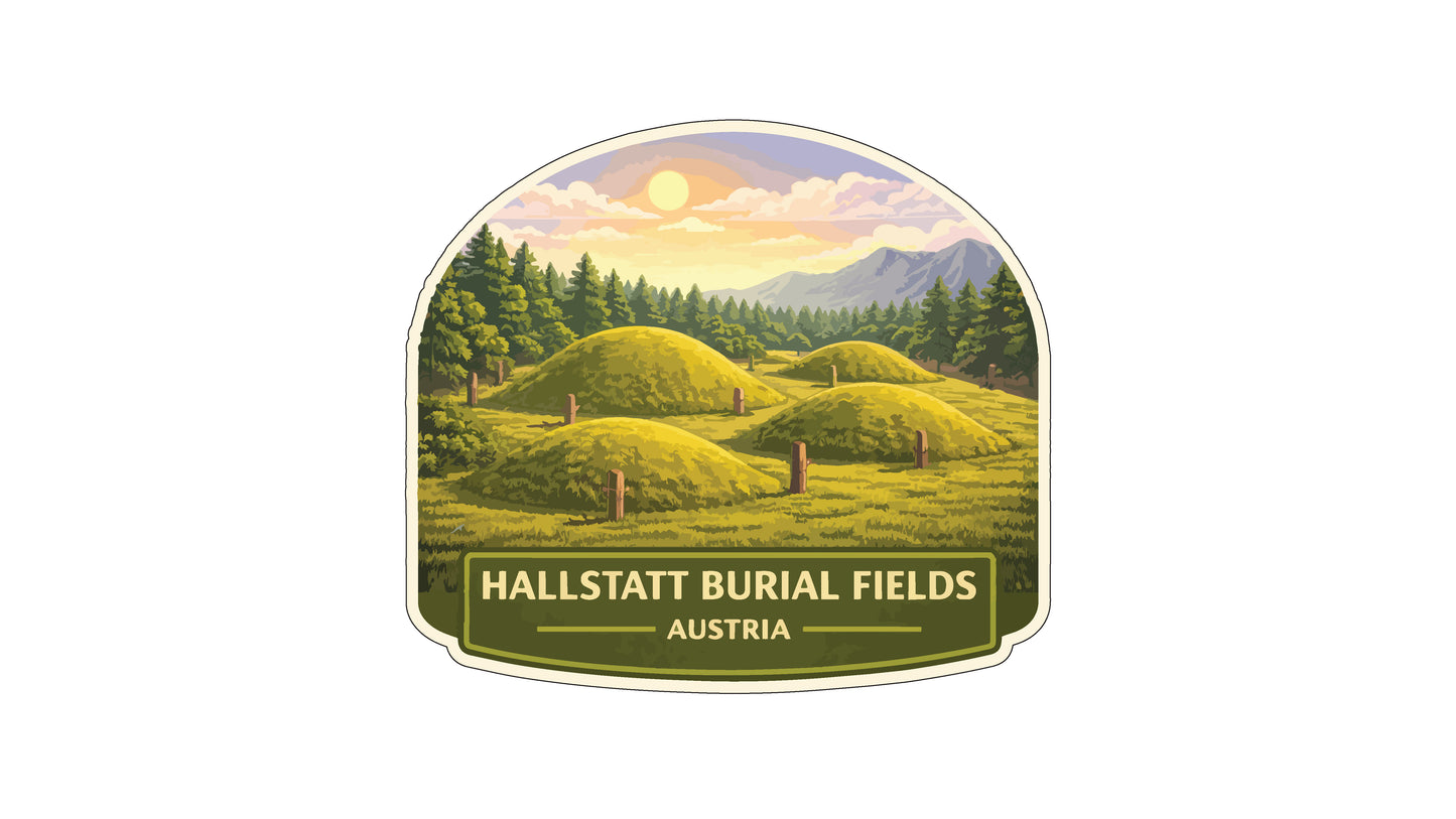 a scenic landscape with rolling hills, pine trees, and a sunset sky. The text "HALLSTATBURIAL FIELDS AUSTRIA" is displayed below the landscape, indicating the location of the landmark.