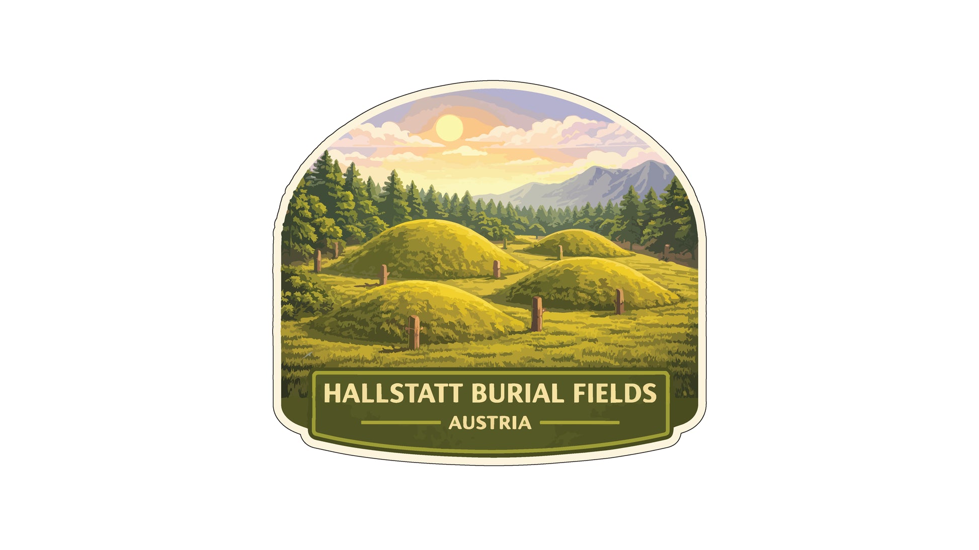 a scenic landscape with rolling hills, pine trees, and a sunset sky. The text "HALLSTATBURIAL FIELDS AUSTRIA" is displayed below the landscape, indicating the location of the landmark.