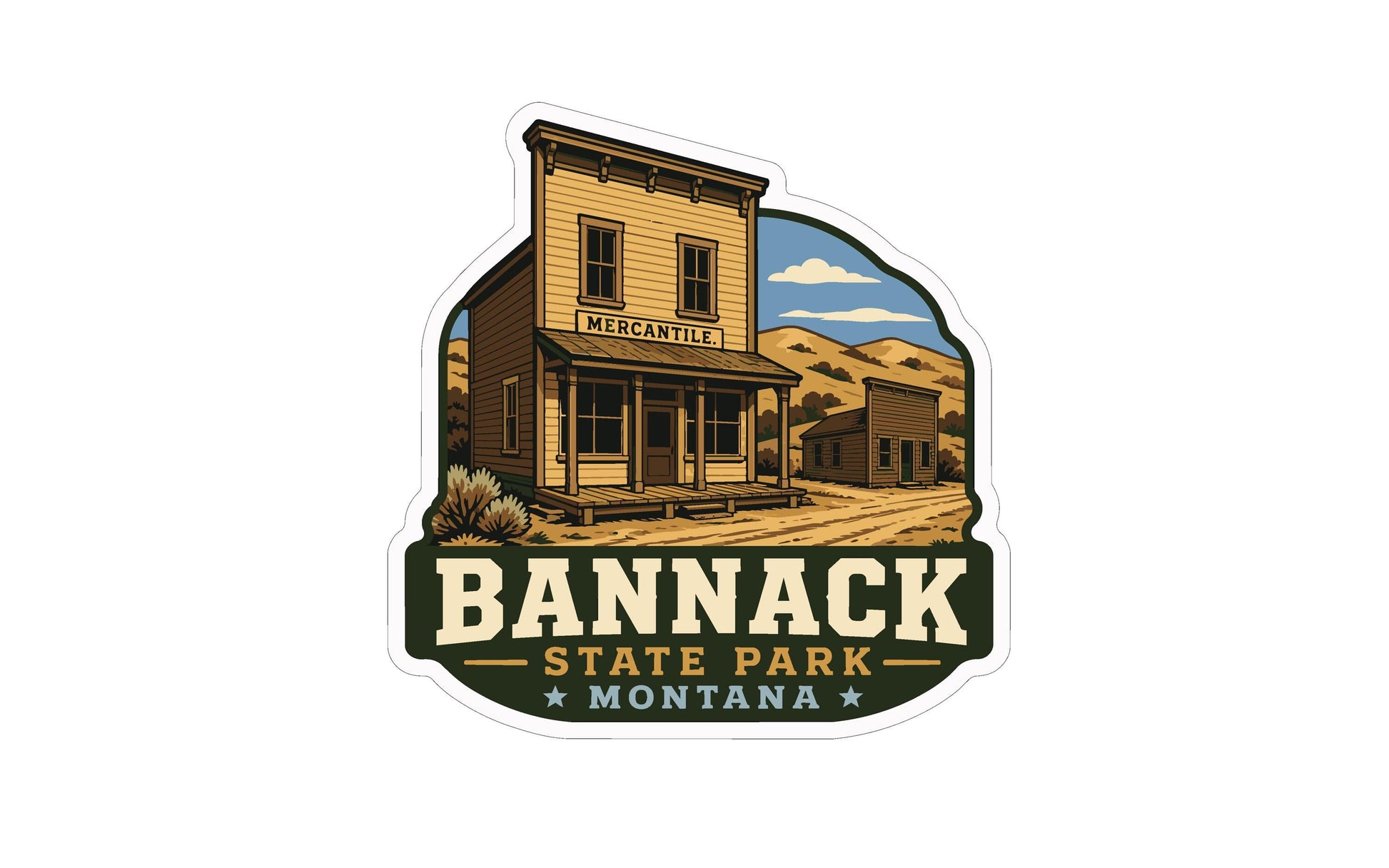 A sticker depicting a two-story wooden building with a porch, surrounded by a desert landscape with mountains in the background.