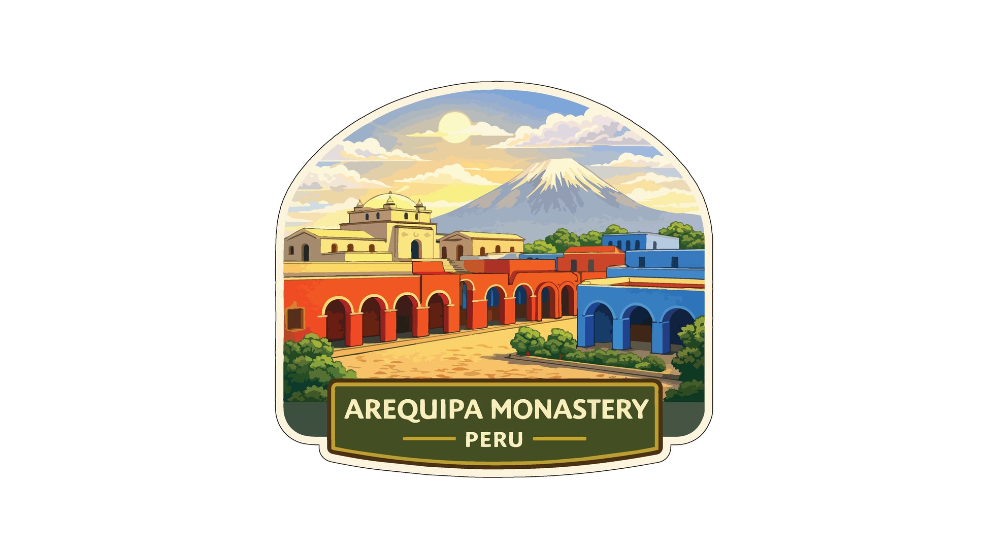 a colorful illustration of the Arequipa Monastery in Peru, with a mountain in the background and a clear sky above.