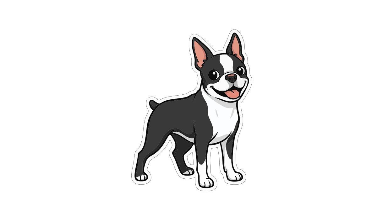 A cartoon illustration of a black and white dog with a happy expression.