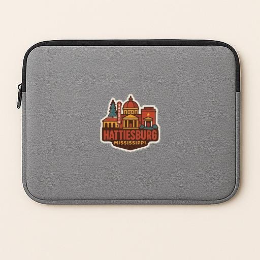 A gray laptop sleeve with a sticker of Hattiesburg, Mississippi printed on it.