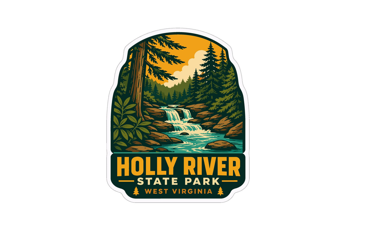 A sticker or emblem featuring a scenic landscape with a waterfall, pine trees, and a forested area. The text "Holly River State Park West Virginia" is prominently displayed, indicating the location or theme of the image.