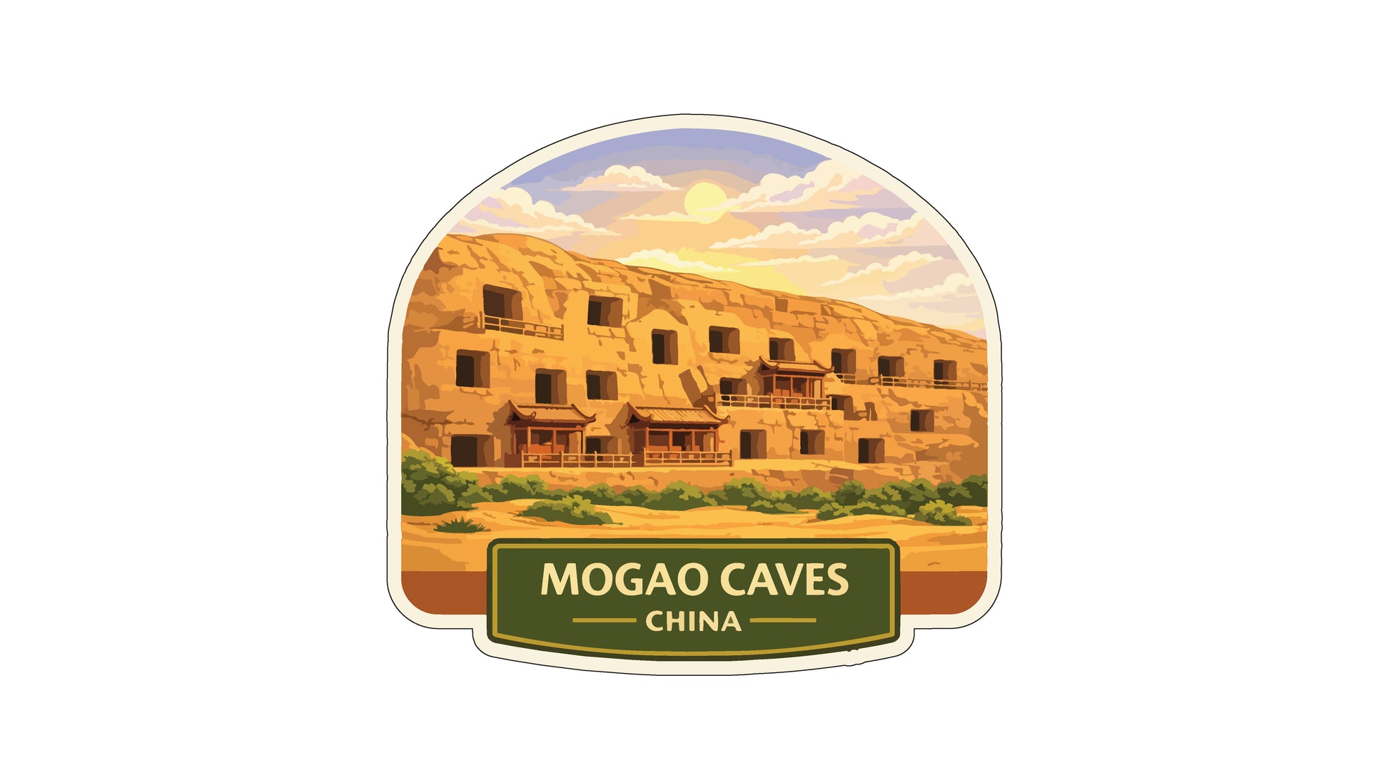 a sticker or label with a scenic illustration of the Mogao Caves in China. The caves are built into a hillside, with multiple rooms and structures visible. The sky above the caves is filled with clouds, creating a dramatic backdrop for the scene. The label prominently displays the name "MOGAO CAVES CHINA" in bold, capital letters.