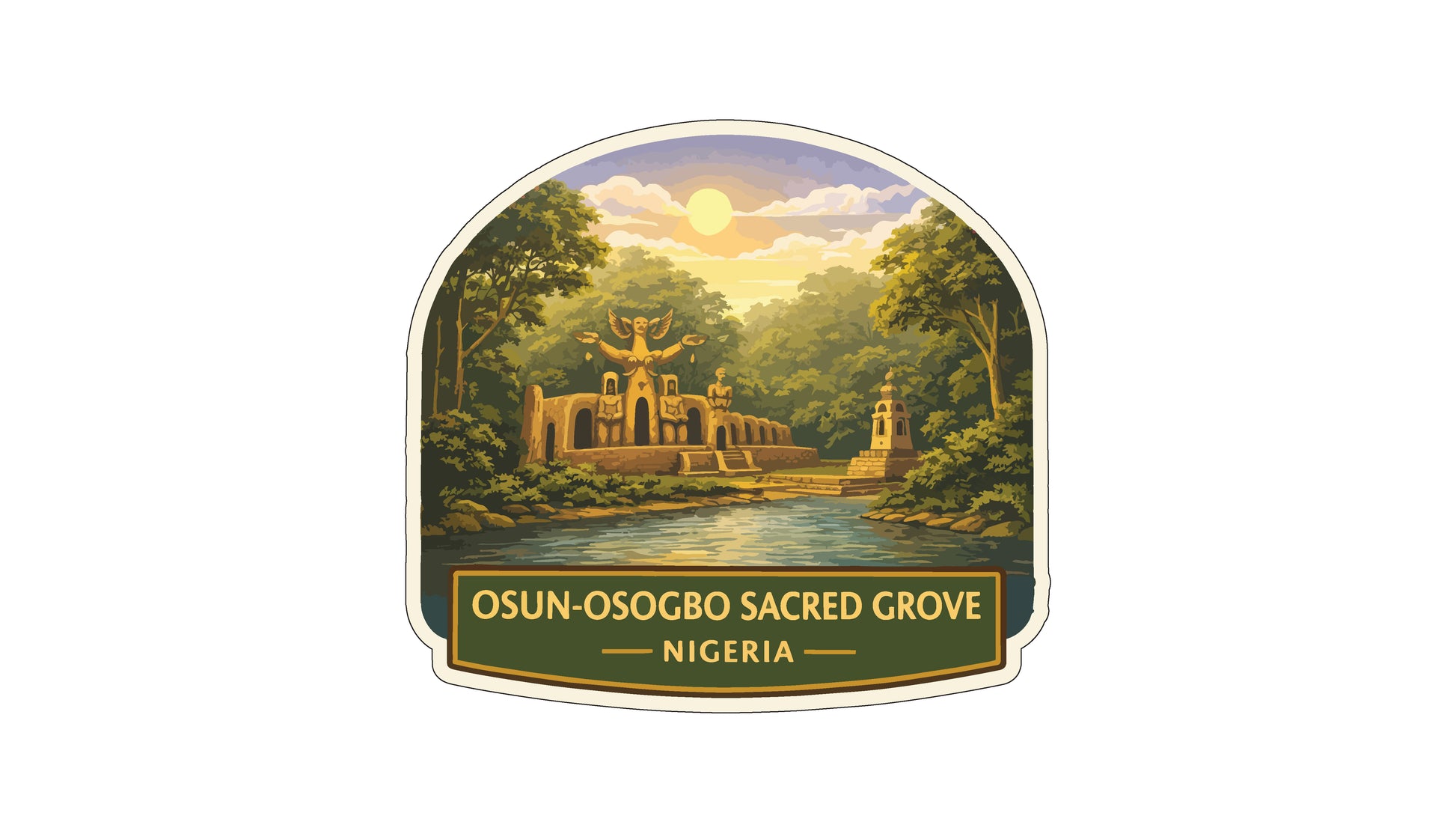 a scenic landscape with a river, lush greenery, and a temple or monument in the background. The sky is filled with clouds, and the sun is shining brightly. The text "OSUN-OSOCBO SACRED GROVE NIGERIA" is displayed below the image.