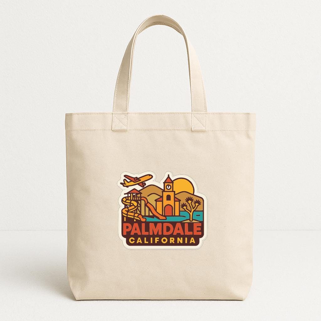 A beige tote bag with a colorful graphic of palm trees, buildings, and a plane, along with the text "Palmdale, California".