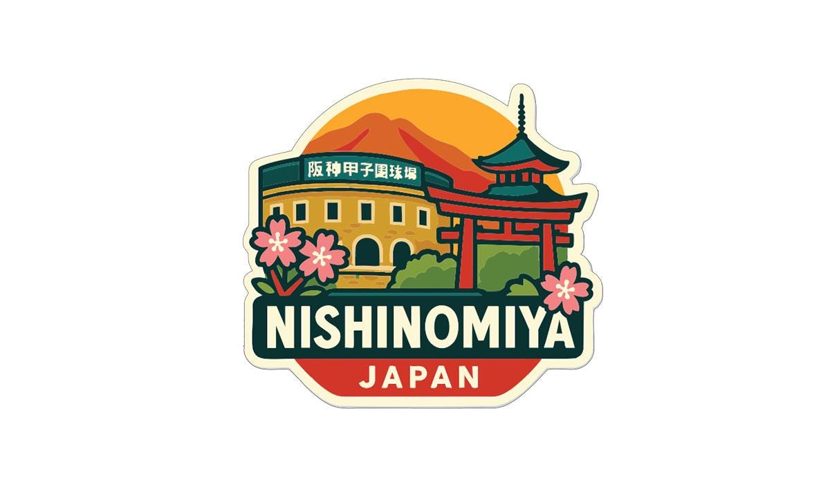 A sticker or emblem featuring the Nishinomiyata temple in Japan, with a mountain in the background and colorful flowers surrounding the temple.