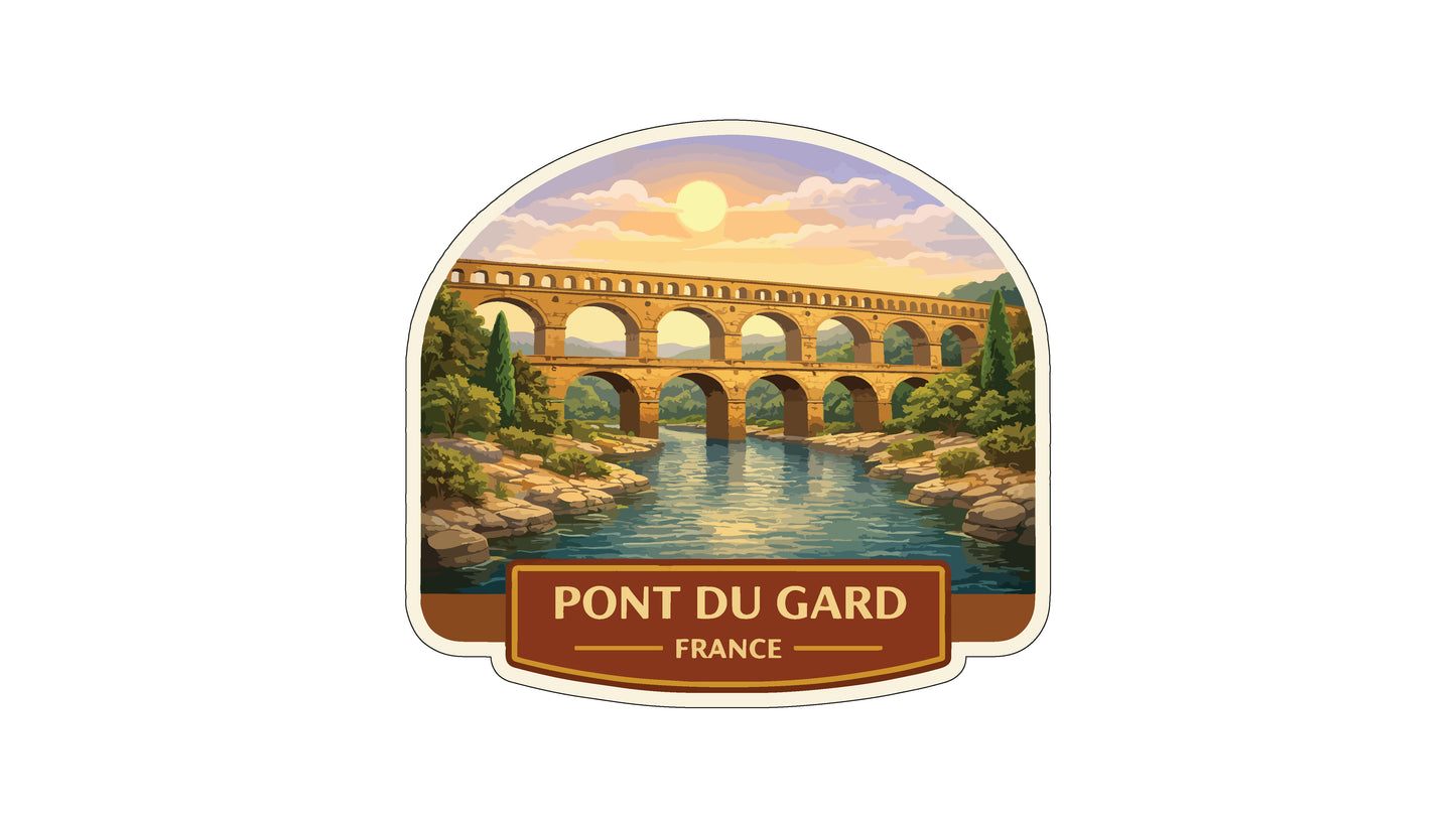 a picturesque scene of the Pont du Gard, a historic stone bridge in France, spanning a river with a sunset in the background.