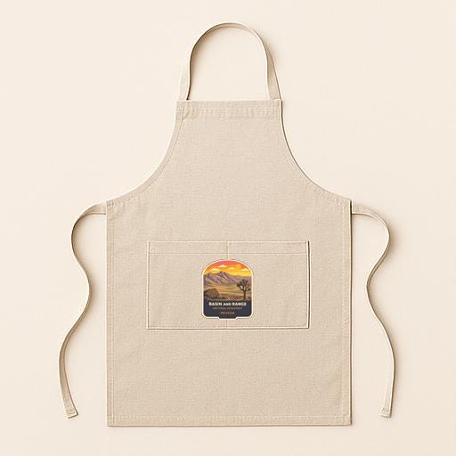 A beige apricot with a pocket and a graphic design on the front, set against a plain background.