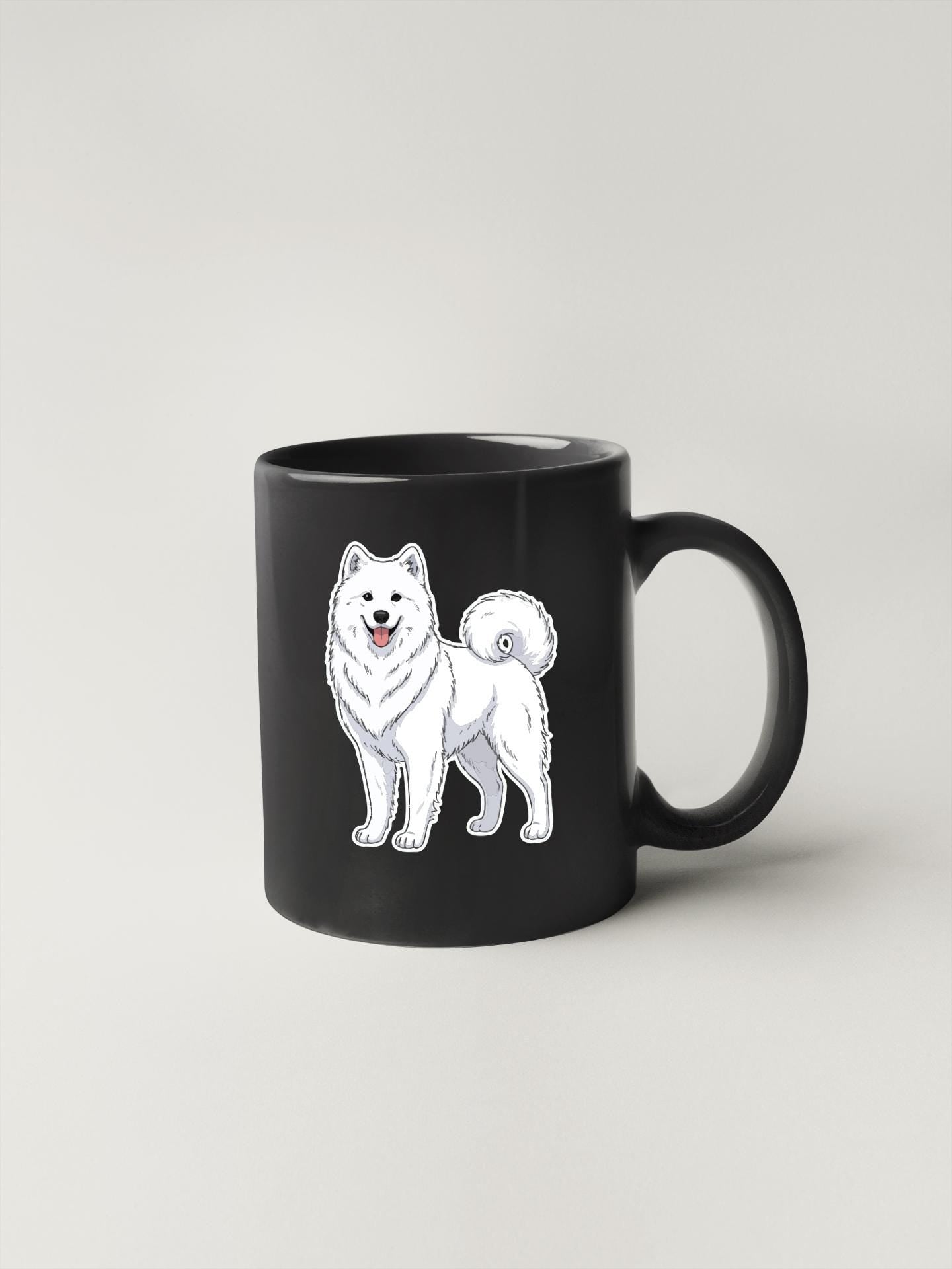 A black mug with a white Samoyed dog illustration on it.