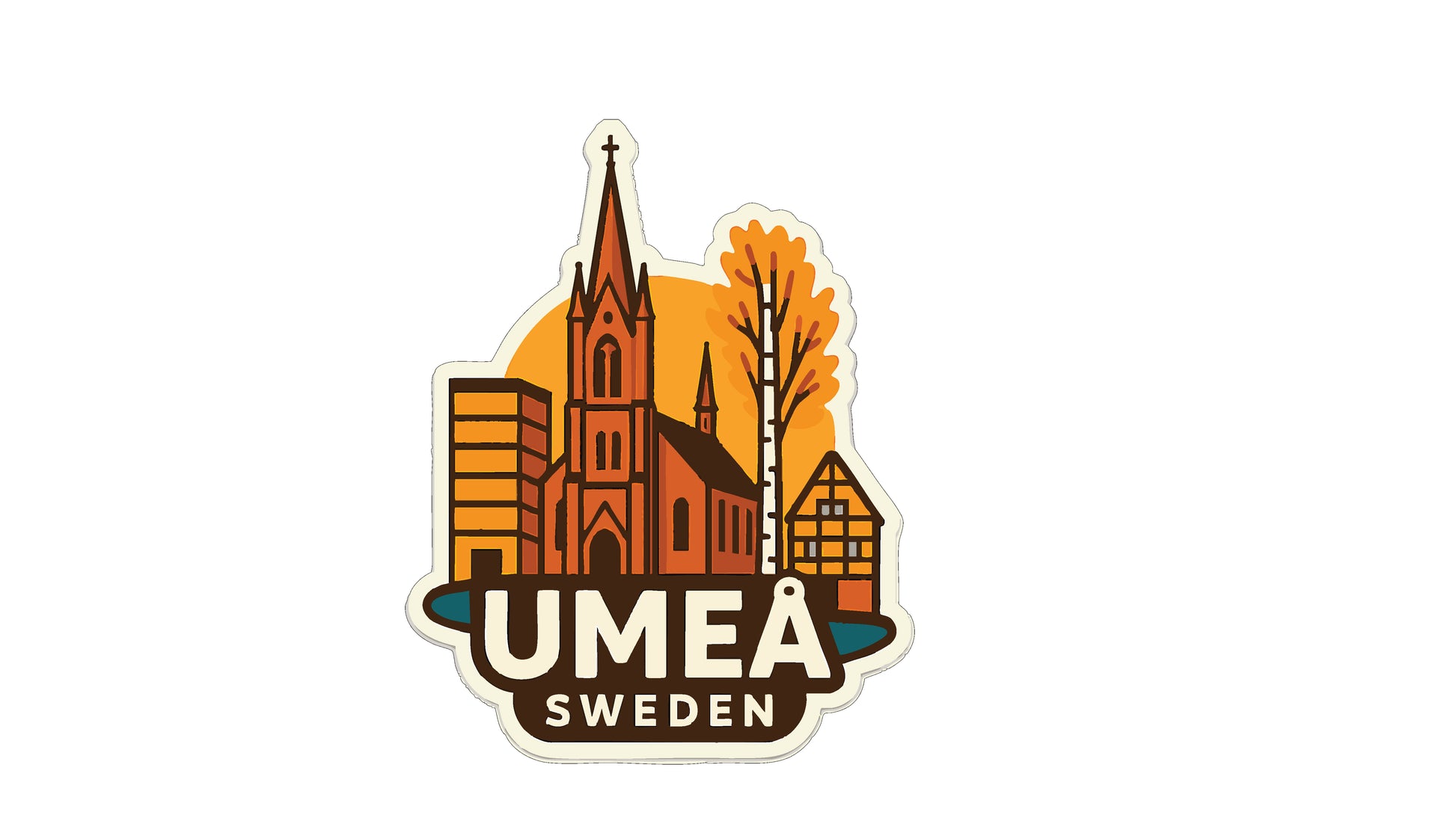 A sticker depicting a cityscape with a church, buildings, and trees, along with the text "UMEA SWEDEN"