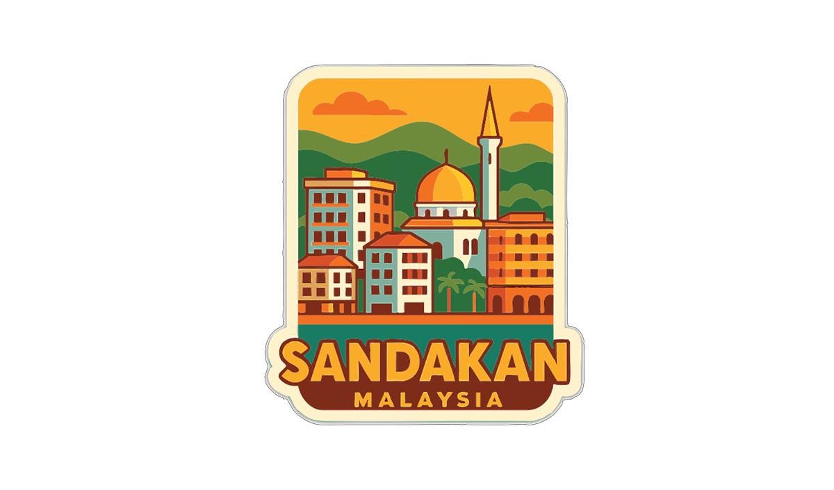 A sticker or label depicting the skyline of Sandakan, Malaysia, with a mosque and other buildings in the background.