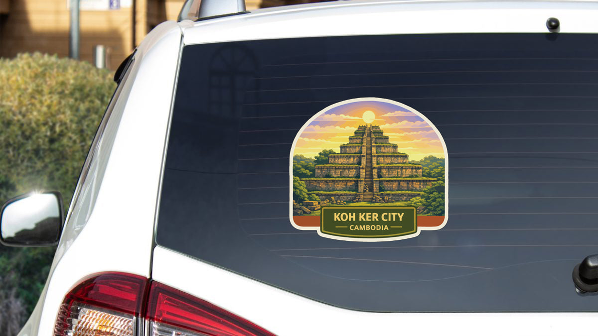 A sticker on the rear window of a white car, depicting the ancient city of Koh Ker City in Cambodia.