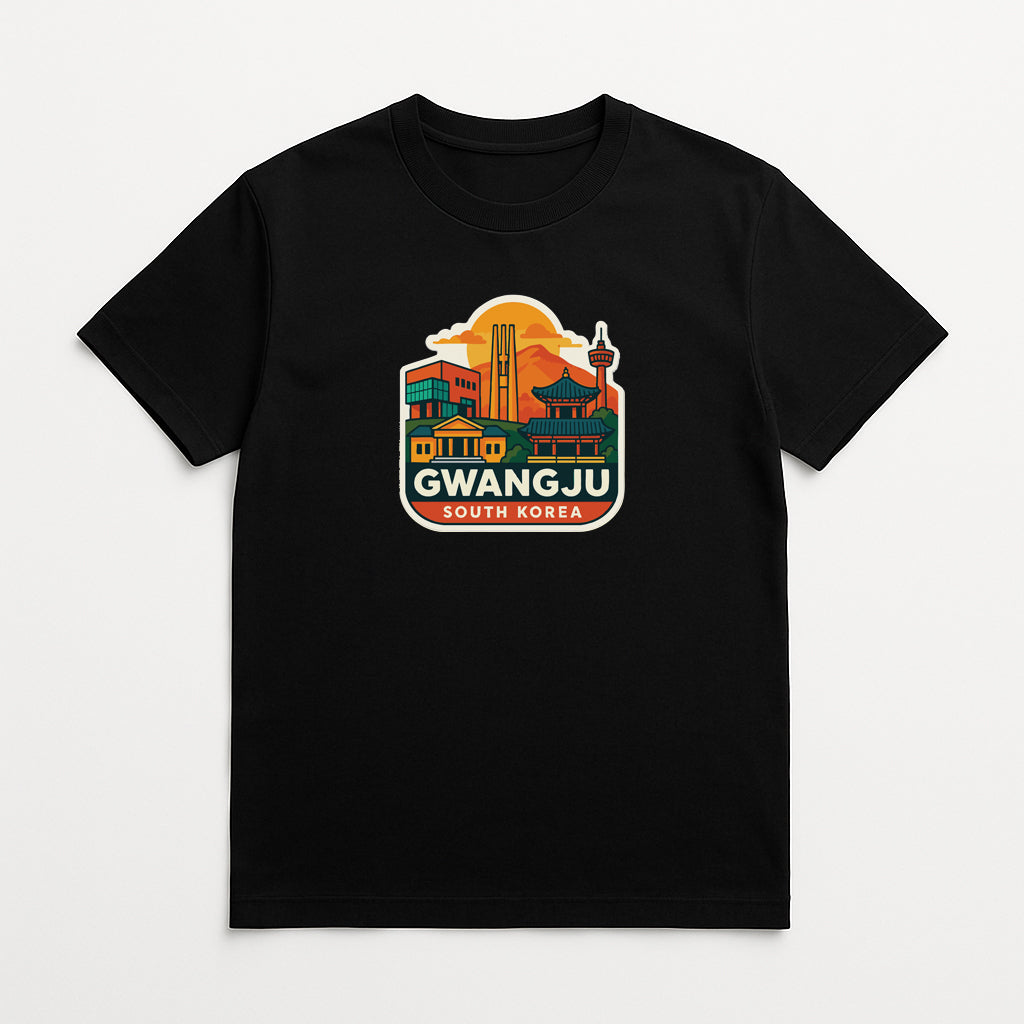 A black t-shirt with a graphic design depicting a cityscape and the text " Gwangju South Korea" printed on it.