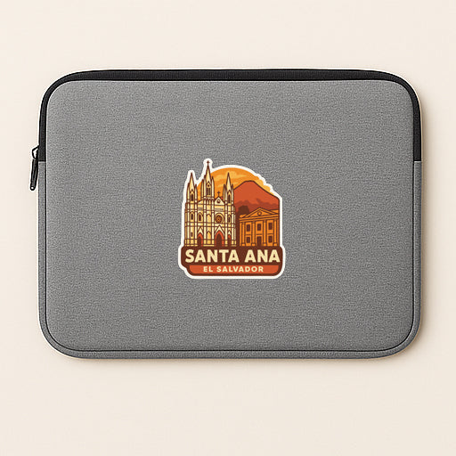 A gray laptop sleeve with a sticker depicting the city of Santa Ana, California.