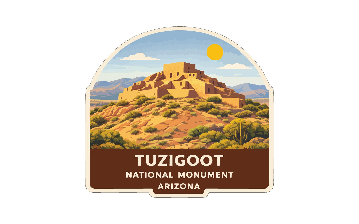 a sticker or label with an illustration of the Tuzigoot National Monument in Arizona.