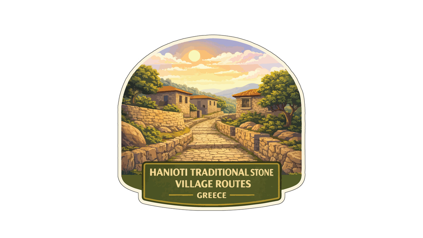a traditional stone village with a winding path leading through the landscape, set against a backdrop of a sunset sky and mountains.