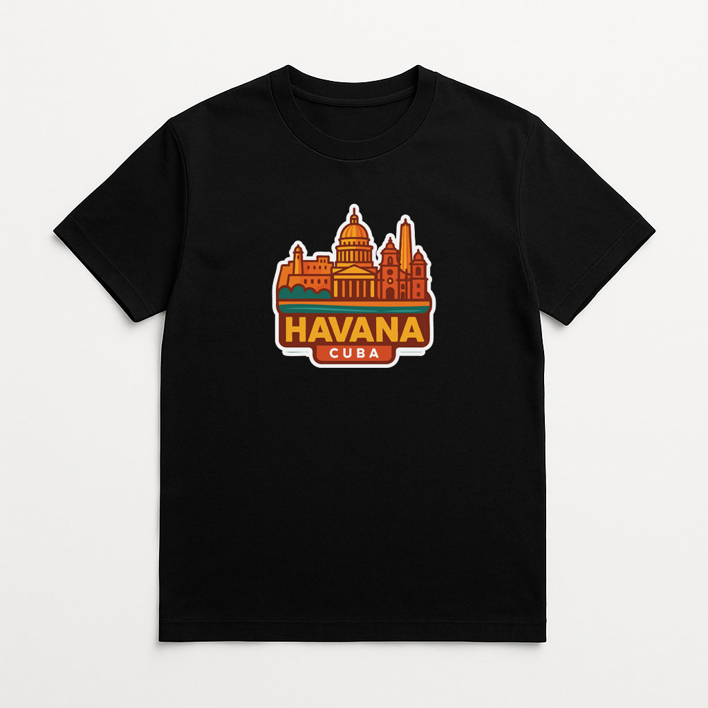 A black t-shirt with a graphic design depicting the cityscape of Havana, Cuba.