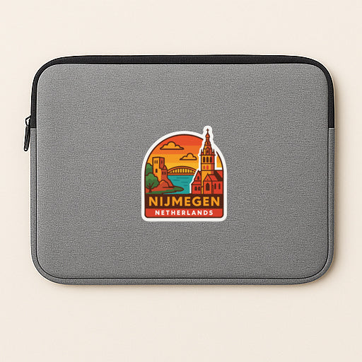 A gray laptop sleeve with a sticker depicting a scenic view of Nijmegen, Netherlands.
