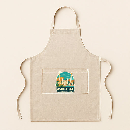 A beige apricot with a graphic design featuring the city of Ashgabat, Uzbekistan.