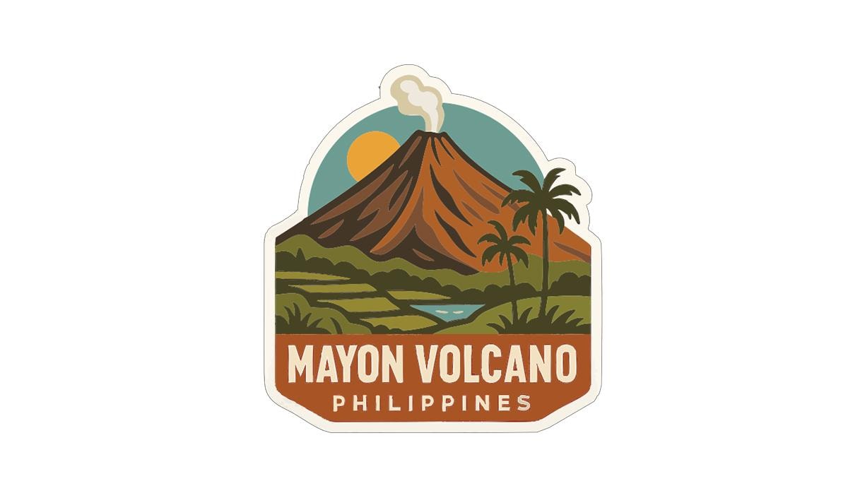 a stylized illustration of a Mayon Volcano in the Philippines, with a tropical landscape surrounding it.