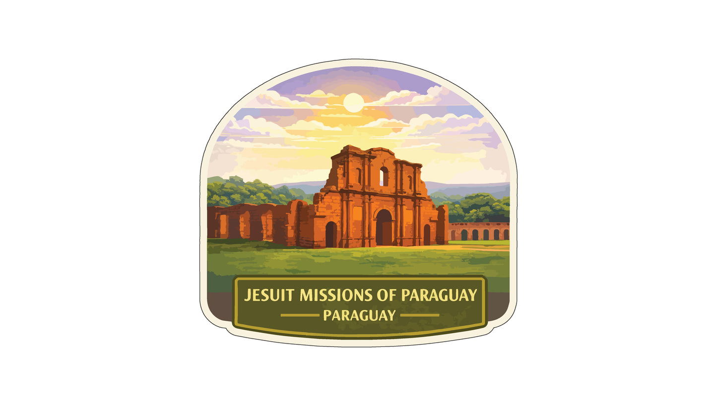 a large, ornate building with a red brick facade, surrounded by a lush green landscape with trees and a clear blue sky with a sun. The text "JESUIT MISSIONS OF PARAGUAY" is displayed below the image.