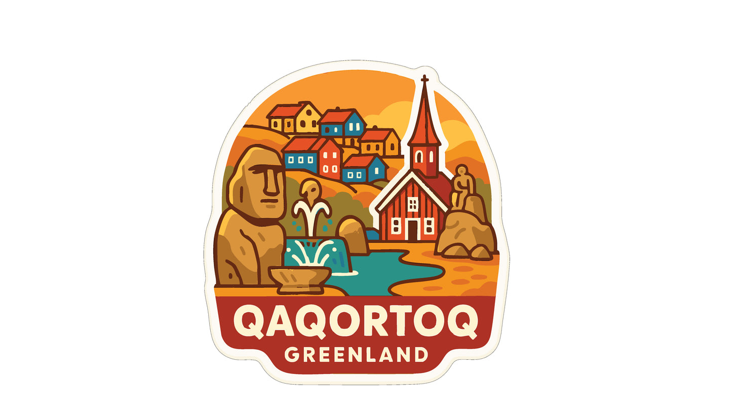 The image is a sticker depicting a scenic view of Greenland, featuring a town, a church, and a large rock formation.