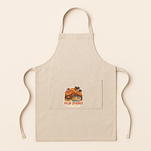 A beige apricot with a palm tree and house design printed on it, representing the Palm Springs area.